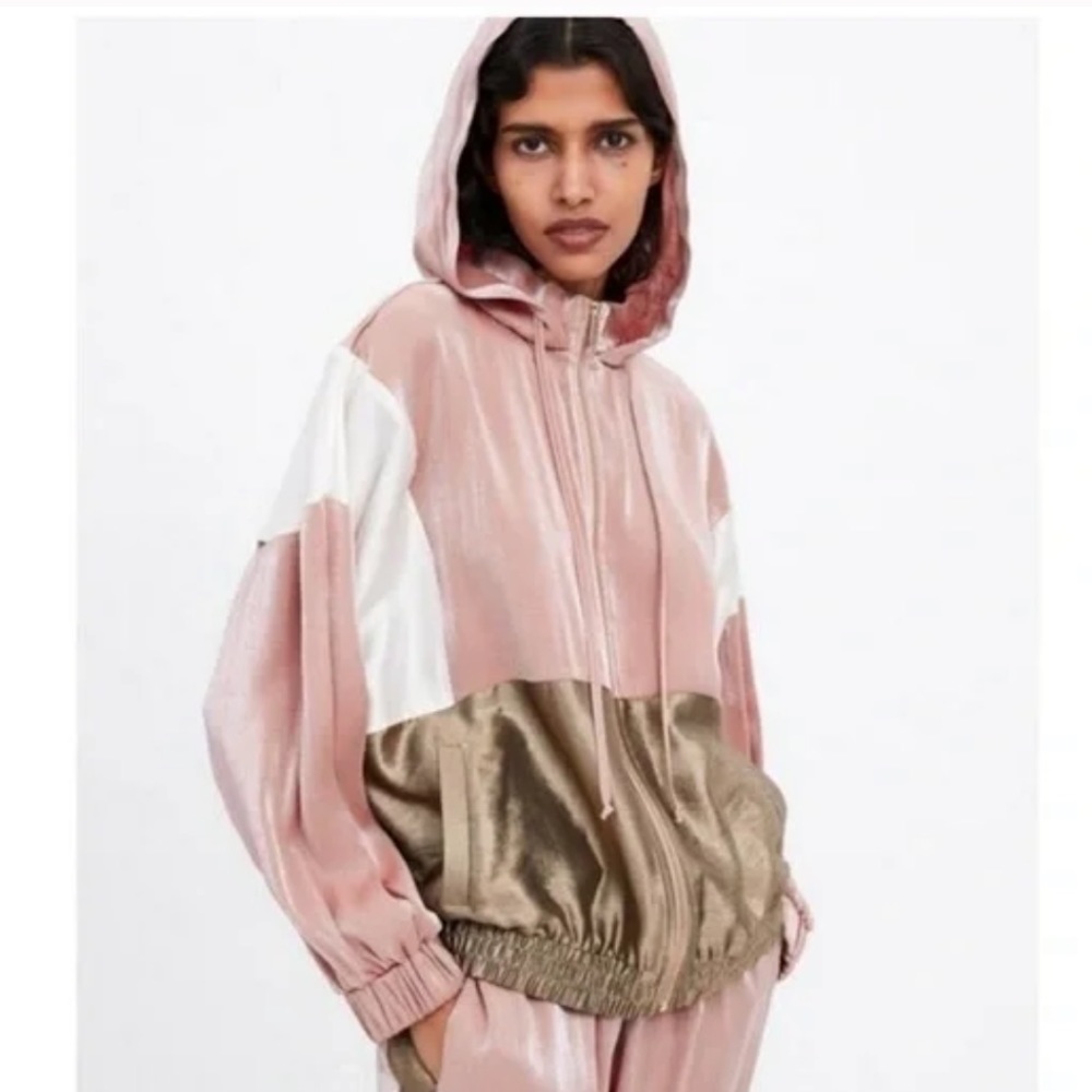 Zara Color Block Hooded Zip Front Jacket Windbreaker size large